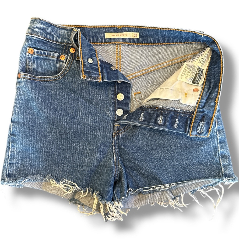 Levi's Ribcage Shorts Blue High Rise Cutoff Jean Shorts Size 26 - Picture 3 of 5